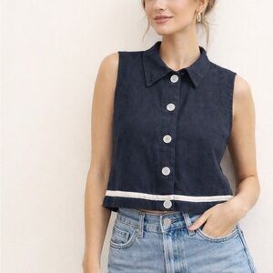 New Frontier Navy Cropped Button-Front Tank with Cream Stripe